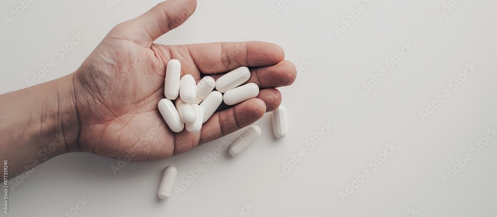 Aufkleber high resolution image showing a hand holding white capsules on a white background from above with a 