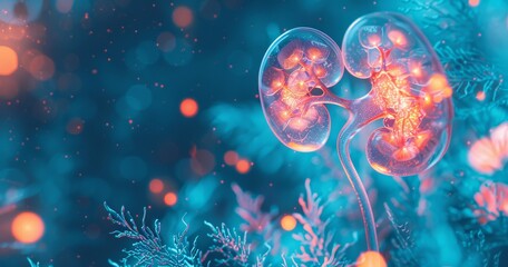 Futuristic digital illustration of human kidneys with abstract background