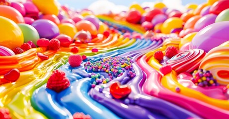 A vibrant landscape of colorful candy, gumballs, and lollipops creates a whimsical, sugary dreamscape.