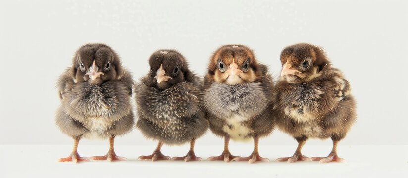 French Faverolles chicks just hatched shown on a white background with selective focus for a copy space image