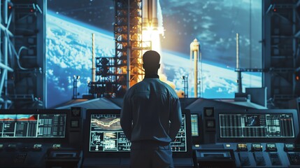Space mission control center with engineer overseeing rocket launch to space. Futuristic technology and exploration concept.