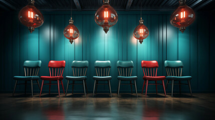 The image Shows a Row of Chairs, Two Red and Four Blue, Facing a Wall Adorned with Hanging Lights