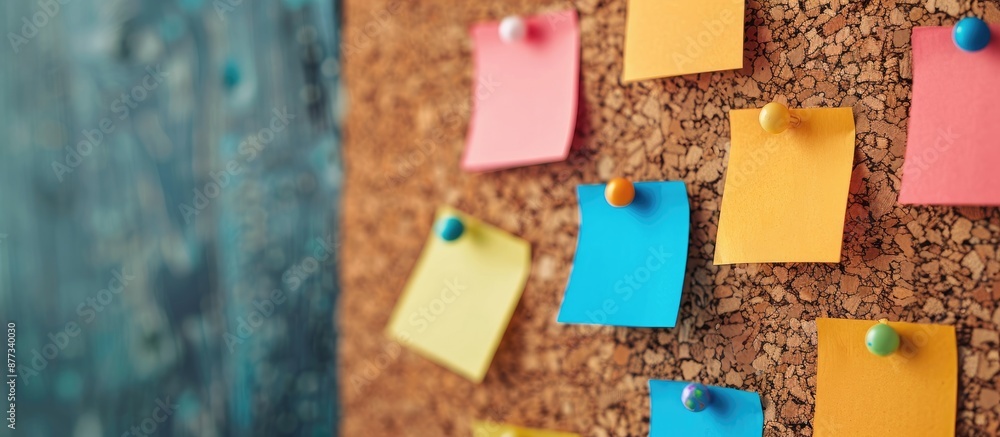 Poster a memo board showcasing a blank paper memo stickers pinned to a cork board with ample copy space ima