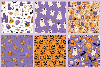 Halloween seamless patterns collection with cute doodles for wallpaper, scrapbooking, stationary, wrapping paper, textile prints, backgrounds, etc. EPS 10