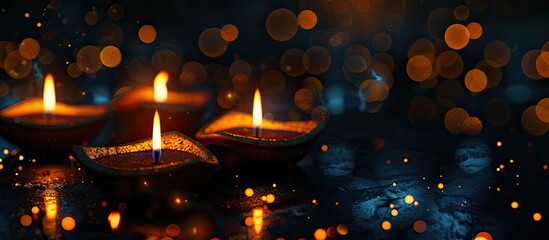 Set of illuminated clay diya oil lamps for Diwali celebration on a dark black background with bokeh lights Ideal for a Diwali greetings card design Incorporate copy space image
