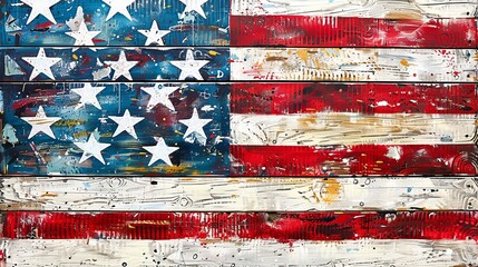 Fototapeta premium Abstract American flag painted on wood with vibrant colors and artistic textures, symbolizing patriotism, freedom, and creativity., 4th of july holiday,Independence Day,Memorial Day