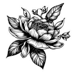 Fototapeta premium A black and white drawing of a flower with a leaf