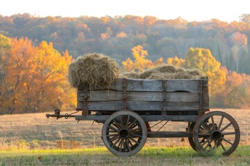 Rustic wooden wagon filled with hay against a backdrop of colorful autumn foliage in a serene countryside setting.