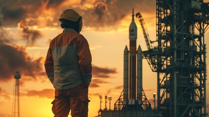 Engineer in protective gear observing rocket launch pad at sunset, symbolizing exploration and technological advancement.