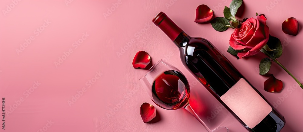 Poster valentine s day themed composition featuring a bottle of wine a glass and a rose flower on a pink ba