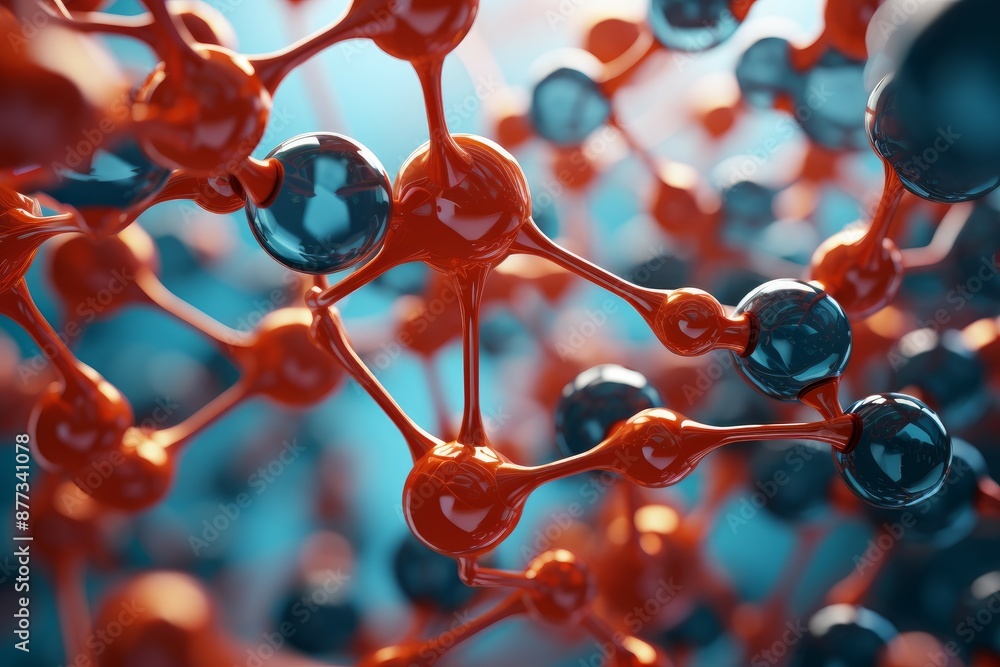 Aufkleber complex 3d abstract molecular structure background in blue and red rendering for scientific research