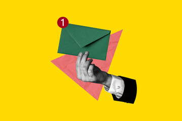 Composite photo collage of hand hold mailbox letter notification envelope correspondence speak...