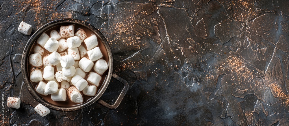 Poster an iron mug filled with hot chocolate topped with marshmallows displayed on a dark rustic surface wi