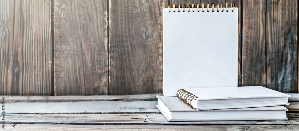 Aufkleber copy space image featuring a white notepad and books stacked on a wooden table