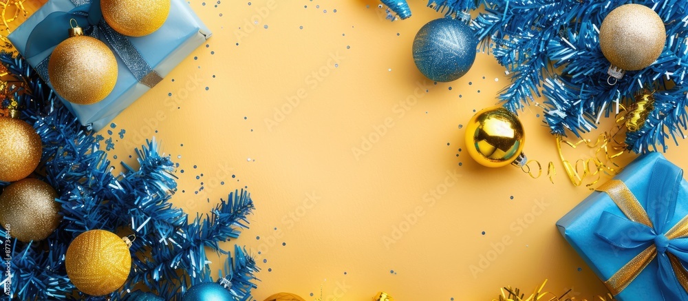 Wall mural Top view of a festive Christmas flat lay composition featuring gifts paper balls and tinsel in Ukrainian yellow and blue colors with available copy space image