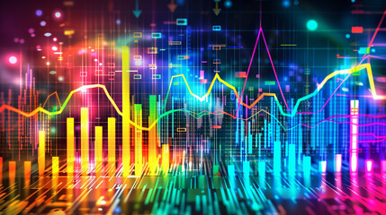 A colorful stock chart shows a complex network of multicolored lines and bars illustrating various market activities.