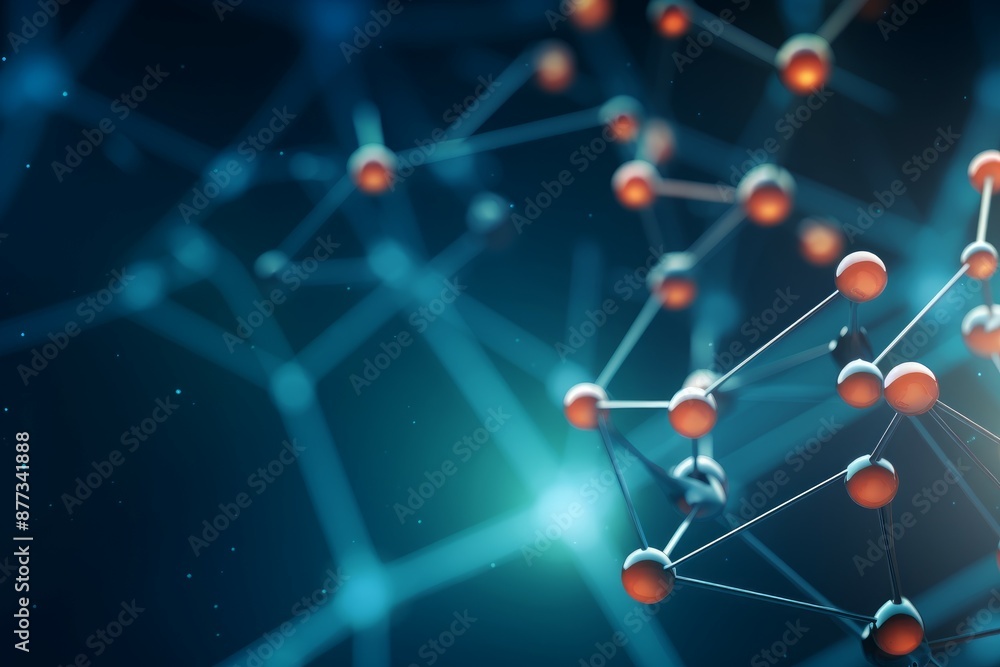 Poster digital illustration of a molecular structure with glowing nodes on a dark blue backdrop