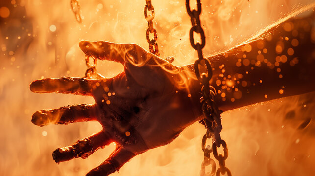 A hand with a strong grip, from which chains fall, against the background of intense, contrasting light. This close-up highlights determination and liberation.