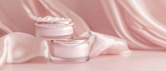 High-end skincare jars with pearl details on a soft satin backdrop, luxury skincare, copy space