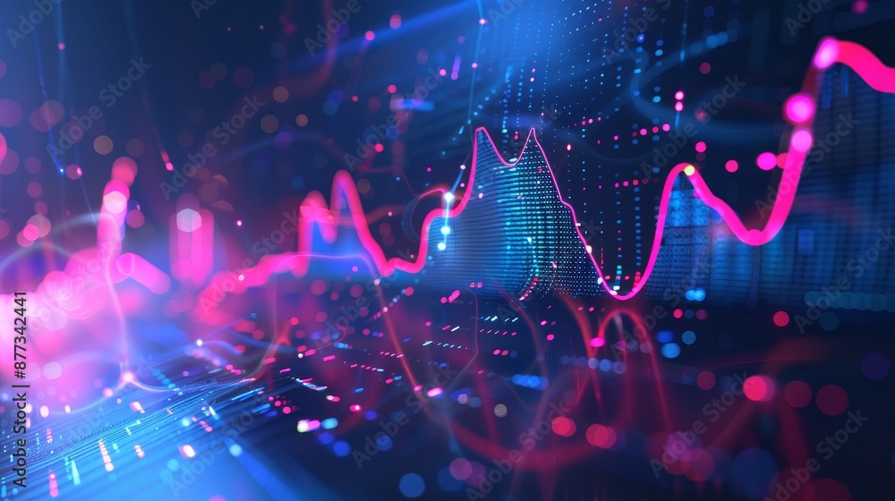 Aufkleber concept of the digital business analytics, visualizing data threads in perspective on a monitor