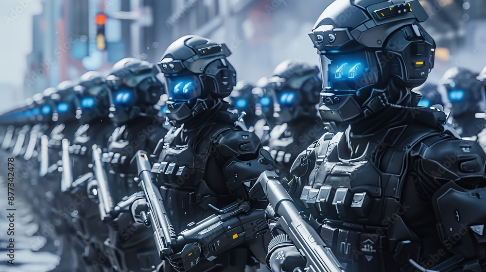 Poster invasion of military robots. super realistic apocalypse concept. future. 3d rendering.