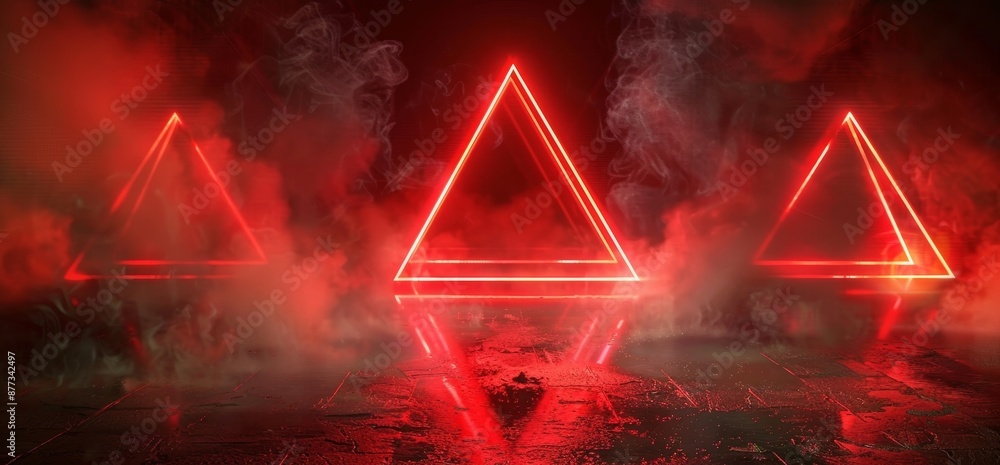 Poster rendering of smoke steam neon laser sci fi futuristic triangle with red shape lines on grunge reflec