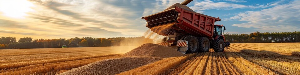 Fototapeta premium unloading grain into a tractor trailer after harvesting on the field