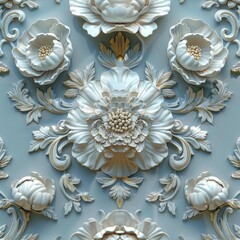 White floral relief design on a textured background.