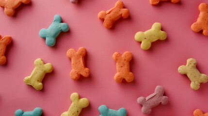 Pet products featuring bone-shaped treats for dogs placed in an empty space.
