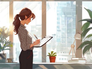 Professional woman in a stylish meeting room, planning and writing in a calendar, with a large window and an urban view in the background