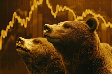 Two bear figurines are illuminated by the warm glow of a stock market graph behind them