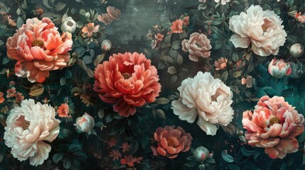 Fototapeta premium Vintage floral painting with pink and white peonies on a dark green background.