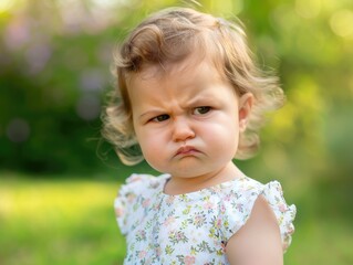 Confused Baby. Funny Close-Up Portrait of a Cute Baby Girl Outdoors in Summer