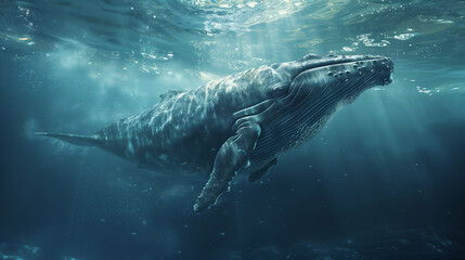 North Atlantic Right Whale: The North Atlantic right whale is one of the most endangered large whale species. Humpback whale playfully swimming in clear blue ocean. Humpback.