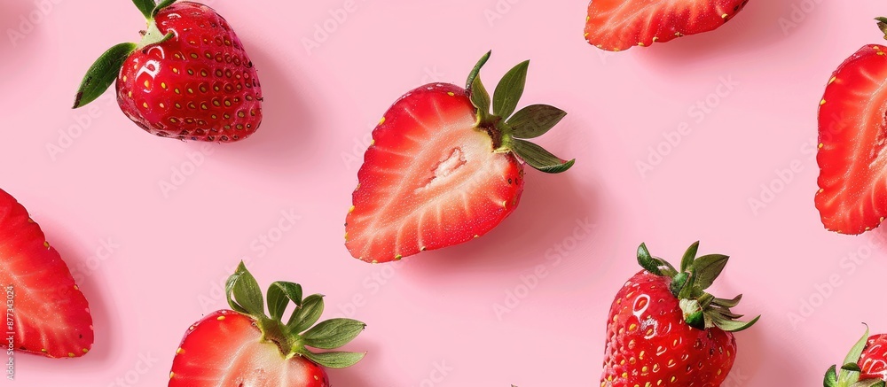 Aufkleber a seamless pattern featuring a fresh strawberry half on a pink backdrop with copy space image
