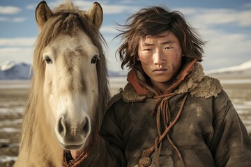 Portrait of a nomadic herder and his loyal horse set against the backdrop of a serene steppe landscape