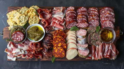 An overhead view of a charcuterie board with a variety of dried meats including beef, pork and lamb. The composition presents a wealth of flavors.
