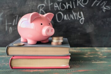 Federal Funding. Piggy Bank with Books and Coins for Education Funding on Wooden Background