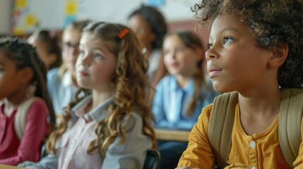Fototapeta premium Elementary School Classroom: Diverse Group of Bright Students Learning in a Dynamic Educational Environment