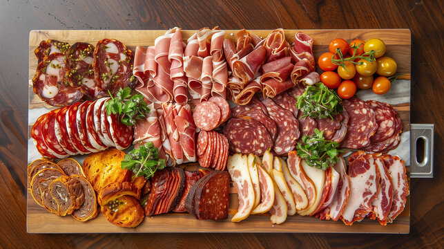 An overhead view of a charcuterie board with a variety of dried meats including beef, pork and lamb. The composition presents a wealth of flavors.