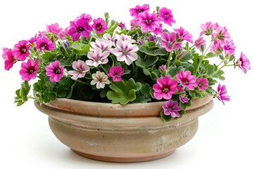 Naklejka premium Flower Planter. Triple Threat Floral Pot with Pink and White Blossoms in Garden Setting