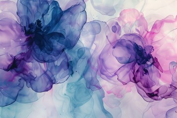Fototapeta premium Abstract alcohol ink painting with blue and purple flowers and gold glitter on a white background