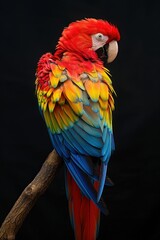 Fototapeta premium Vibrant Scarlet Macaw Parrot with Colorful Feathers Perched on a Branch Against a Black Background