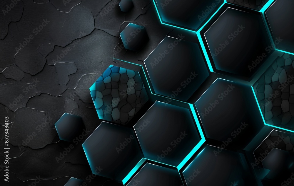 Aufkleber 3d geometric background with hexagons and neon lights. ceramic or metallic tile. abstract hexagonal 