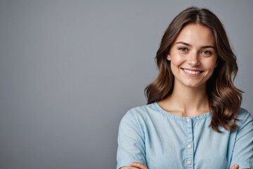 Obraz premium Portrait of young smiling woman looking at camera with crossed arms. copy space.