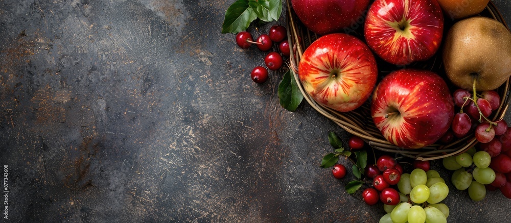Poster organic fruits displayed on a stone table with a basket of ripe apples top view with copy space imag
