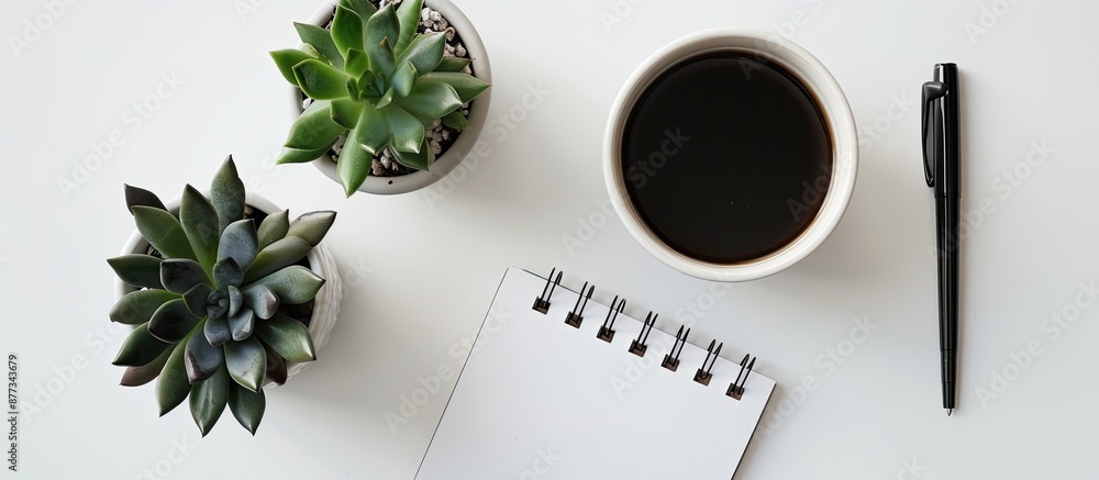 Poster a charming ensemble featuring a cup of coffee alongside a notepad pen and a succulent in a pot all a