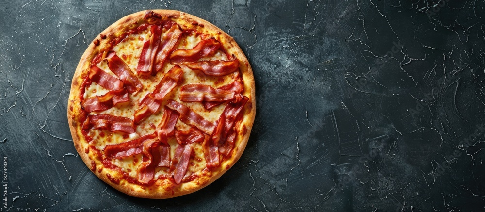 Poster flat lay pizza topped with bacon on a chalkboard background with a designated area for additional te