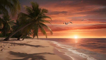 trees on the beach with sunset, paradise, peace