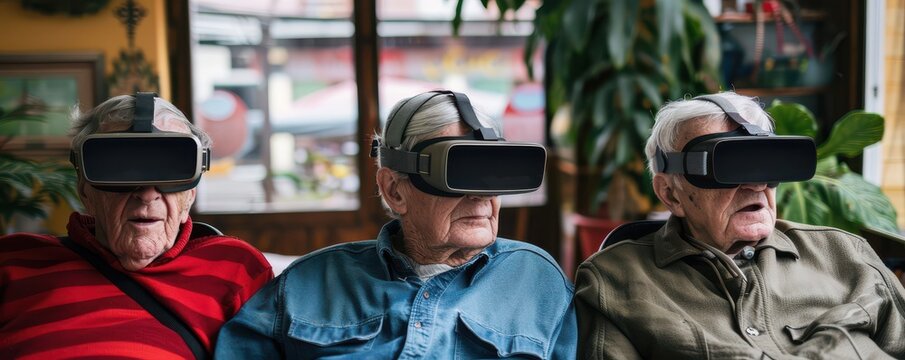 Two older men are wearing virtual reality goggles. Free copy space for banner.